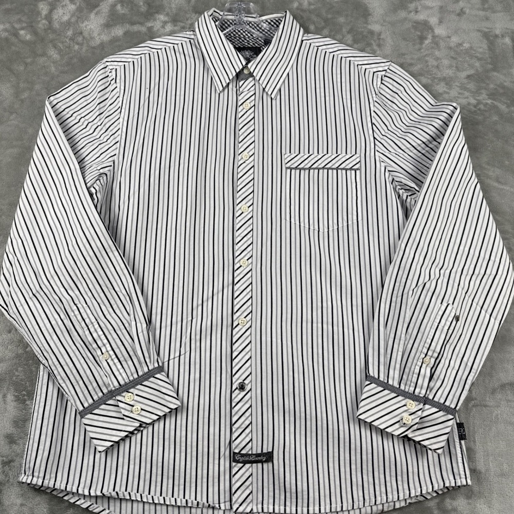 English Laundry Blaque Label Mens XL Striped Button Down Shirt Black White Grey